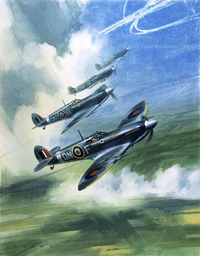 Hlídkový let 416. letky Kanadského královského letectva, Spitfire Mark 9s (kvaš na papíře) od Wilf (20th century) Hardy