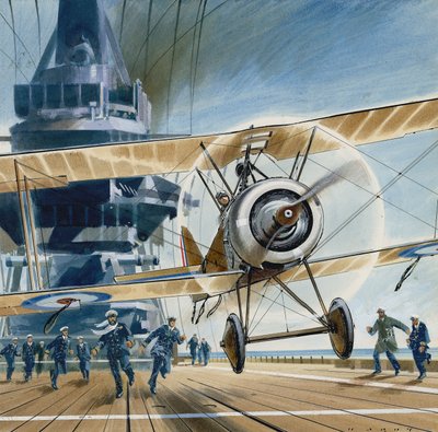 První přistání na palubě (kvaš na papíře) od Wilf (20th century) Hardy