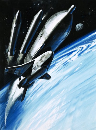Raketoplán v okamžiku, kdy se zbavuje dvou raketových motorů od Wilf (20th century) Hardy