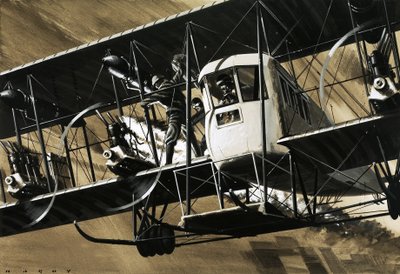 Dva členové posádky mezi dráty a vzpěrami bombardéru Ilia Mourometz II hasí požár motoru. od Wilf (20th century) Hardy