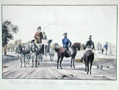 Jízda v parku Prater, Vídeň, ryl Adam von Bartsch (1757-1821) 1804 (barevná rytina) od Wilhelm Alexander (after) Kobell