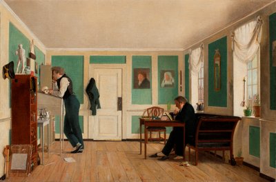 Interiér z Amaliegade. Kapitán Carl Ludvig Bendz stojí a Dr. Jacob Christian Bendz sedí. od Wilhelm Bendz
