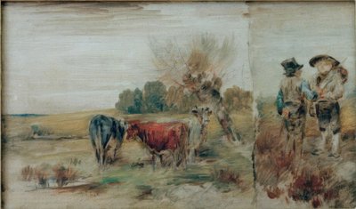 Dvojitý obraz: krávy na pastvě, dva farmáři mluví od Wilhelm Busch