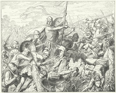 Arnulf z Korutan útočí na normanskou obranu na řece Dyle, 891 (rytina) od Wilhelm Camphausen