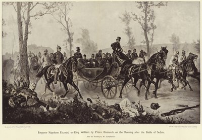 Císař Napoleon eskortoval ke králi Williamovi princem Bismarckem ráno po bitvě u Sedanu od Wilhelm Camphausen