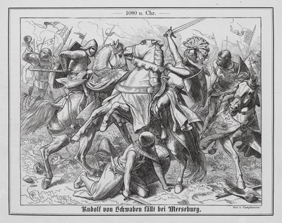 Vzbouřený švábský vévoda Rudolf smrtelně raněn v bitvě u Elsteru od Wilhelm Camphausen