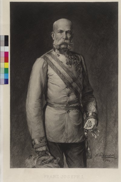 František Josef I. ve slavnostní uniformě polního maršála, slavnostní klobouk v hřebenu od Wilhelm Hecht