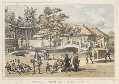 Most z broušeného kamene a vchod do chrámu, Simoda, 1855 od Wilhelm Joseph Heine