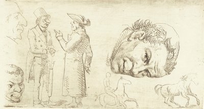 Druhý vzorový list ve stylografii s mnišskou hlavou, koňmi atd. od Wilhelm Marstrand
