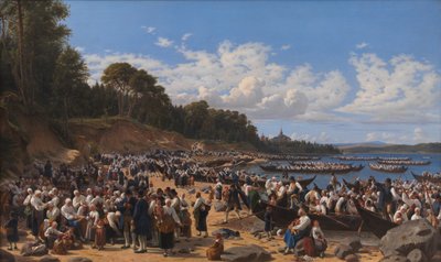 Návštěvníci kostela přijíždějící lodí do farního kostela Leksand na jezeře Siljan, Švédsko od Wilhelm Marstrand