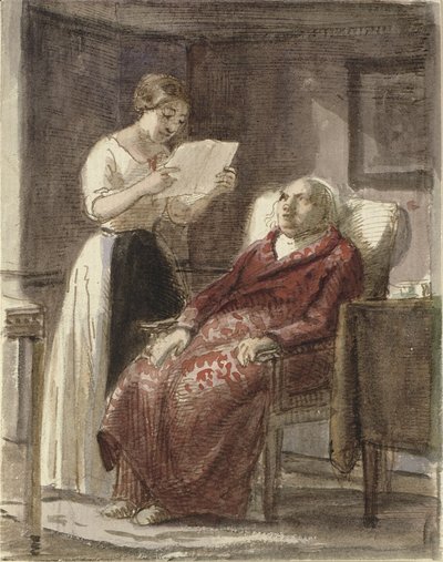 Mladá dívka čte nahlas dopis starému muži v červeném kabátě od Wilhelm Marstrand