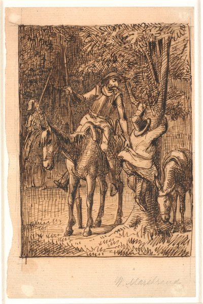 Před bojem se Zrcadlovým rytířem pomáhá Don Quijote Sanchovi Panzovi na strom od Wilhelm Marstrand