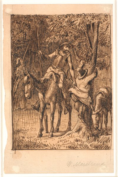 Před bojem se Zrcadlovým rytířem pomáhá Don Quijote Sanchovi Panzovi na strom od Wilhelm Marstrand