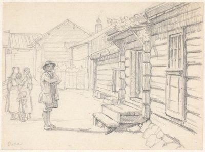 Ulice v Orse, Dalarna, se dvěma ženami vlevo, dítětem a mužem od Wilhelm Marstrand