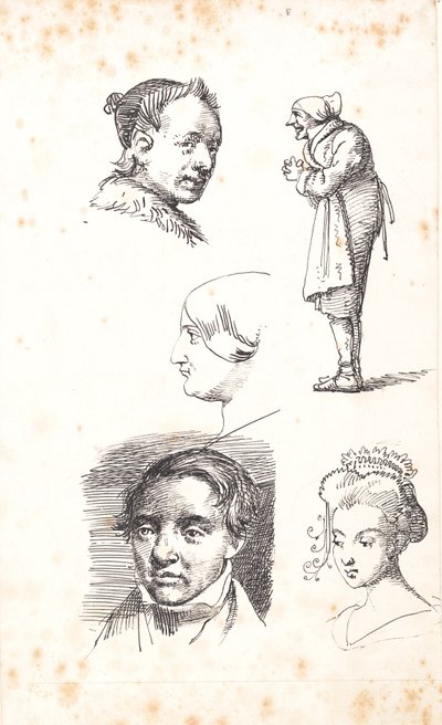 Studijní list se dvěma mužskými hlavami, dvěma ženskými hlavami a stojícím mužem od Wilhelm Marstrand