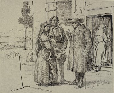 Před domem kněz nabádá mladý pár od Wilhelm Marstrand