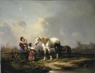 Krmení klisny a hříběte (olej na plátně) od Wilhelm Meyerheim