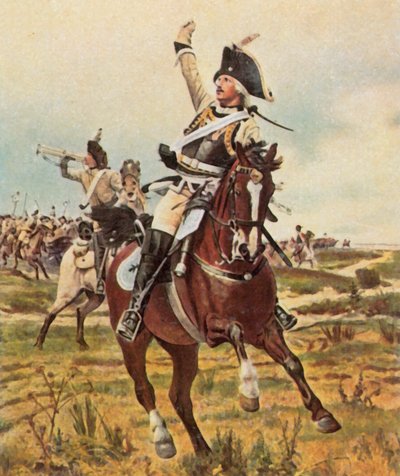 Generál Seydlitz dává pokyn k útoku u Rossbachu, 5. listopadu 1757 (vylepšená barevná litografie) od Wilhelm Werner Schuch