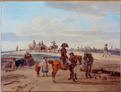 Jezdci, farmáři a vozy před městem od Wilhelm von Kobell