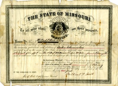 Vojenská komise Antona Schumachera jako 2. poručíka roty F v 1. pluku U.S.R.C., Missouri Volunteers, 6. února 1862 od Willard P. Hall