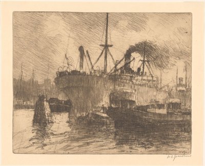 Kotvící lodě v přístavu Rotterdam od Willem Adrianus Grondhout (signed by artist)