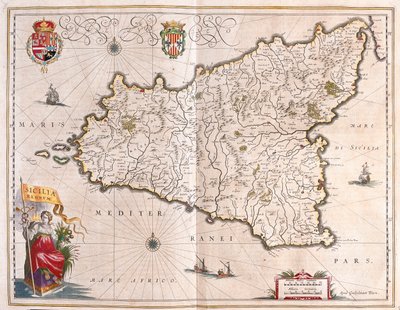 Ostrov Sicílie, Itálie, v "Theatrum Orbis Terrarum, sive Atlas Novus" Willema Blaeua, Amsterdam od Willem Blaeu