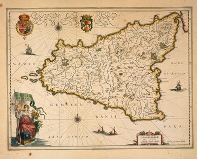 Mapa Sicílie, Willem Blaeu, z Regionum Italiae, rytina od Willem Blaeu
