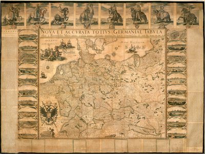 Nová a přesná ilustrace Německa jako celku od Willema Janszoona Blaeu, mědirytina, vytištěno v Amsterdamu od Willem Blaeu