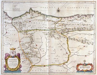 Španělská provincie Asturias, Kastilie a Léon, včetně měst Oviedo, León, Santander, Valladolid, v "Theatrum Orbis Terrarum, sive Atlas Novus" Willema Blaeua, Amsterdam. od Willem Blaeu