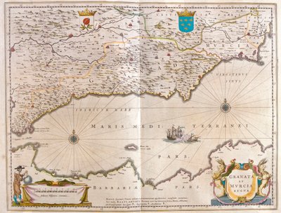 od Gibraltarského průlivu po Alicante až po údolí Guagalquiviru a Sevillu a pobřeží severní Afriky, v "Theatrum Orbis Terrarum, sive Atlas Novus" Willema Blaeua, Amsterdam. od Willem Blaeu