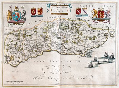Sussex, v "Theatrum Orbis Terrarum, sive Atlas Novus" Willema Blaeua, Amsterdam od Willem Blaeu