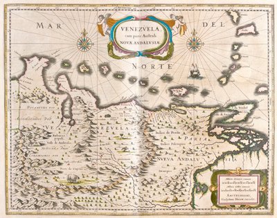 Venezuela, Trinidad, Tobago, Tortuga, Antily , Karibik, v "Theatrum Orbis Terrarum, sive Atlas Novus", Willem Blaeu, Amsterdam od Willem Blaeu