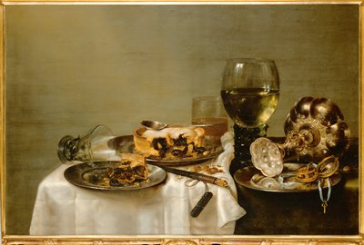Snídaňový stůl s ostružinovým koláčem (malba na dřevě) od Willem Claesz. Heda
