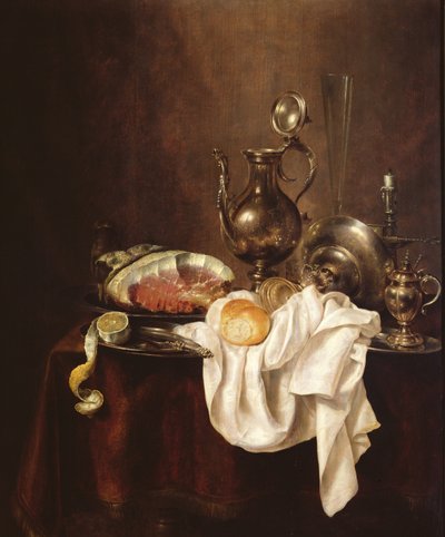 Zátiší se šunkou a stříbrným talířem od Willem Claesz. Heda