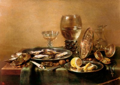 Zátiší složené z ústřic, citronu, skla a zlatého nádobí od Willem Claesz. Heda