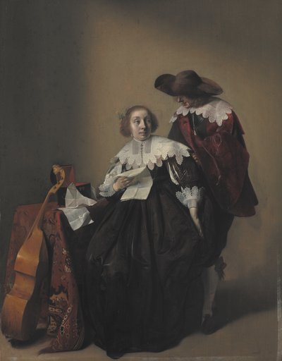 Sedící žena s dopisem, gentleman stojící u ní od Willem Cornelisz Duyster