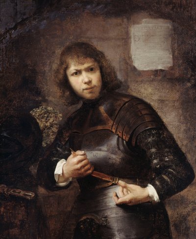 Voják, stojící tříčtvrteční, zapíná si opasek, od Willem Drost