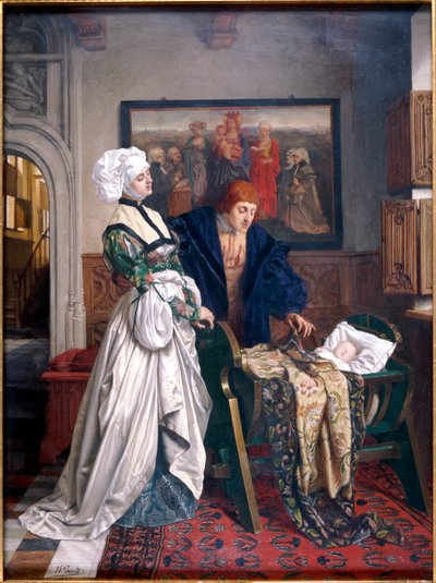 „Karel V. a Jean Vandergheynst u kolébky jejich dcery Marguerite“, 1870. od Willem Geets