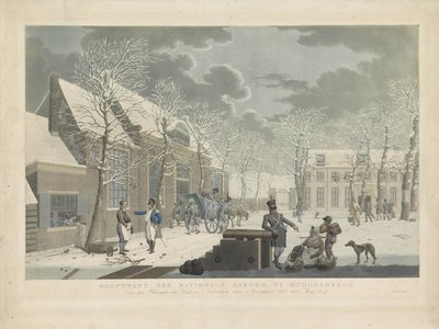 Hlavní stráž Národní gardy v Muiderberg, 1813-1814 Hoofdwagt der Nationale Garden v Muijderberch před Blocade der Vesting Naarden, od listopadu 1813 do Mey 1814 (název na objektu) od Willem Hendrik Hoogkamer (attributed to)
