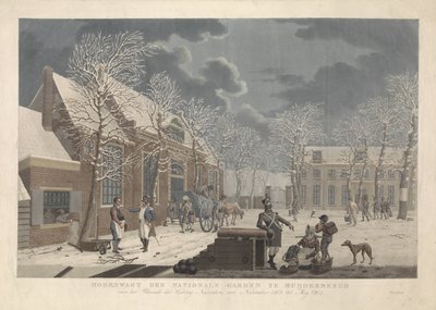 Sněhová krajina s vojáky mluvícími s civilisty během obléhání Naardenu Zahrada Hoofdwagt der nationale v Muijderberghu před pevností Blocade der Naarden, od listopadu 1813 do Mey 1814 (název na objektu) od Willem Hendrik Hoogkamer (attributed to)