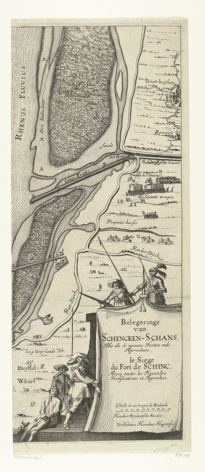 Beleg van Schenckenschans (pravá strana), 1635 Obléhání Schencken-Schans se všemi novými pevnostmi a přístupy od Willem Hondius