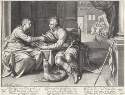 Ezau prodává své prvorozenství Jákobovi od Willem Isaacsz. van Swanenburg