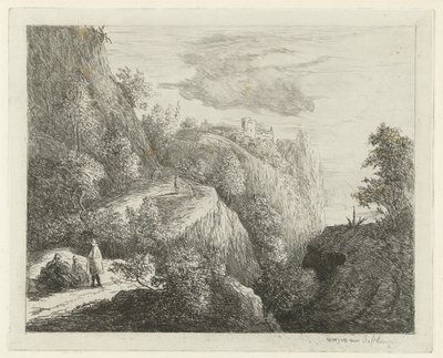 Horská krajina s odpočívajícími postavami na kraji silnice od Willem Matthias Jan van Dielen