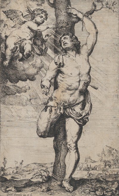 Umučení svatého Šebestiána s anděly korunovanými vlevo nahoře, ca. 1620-32.. od Willem Panneels
