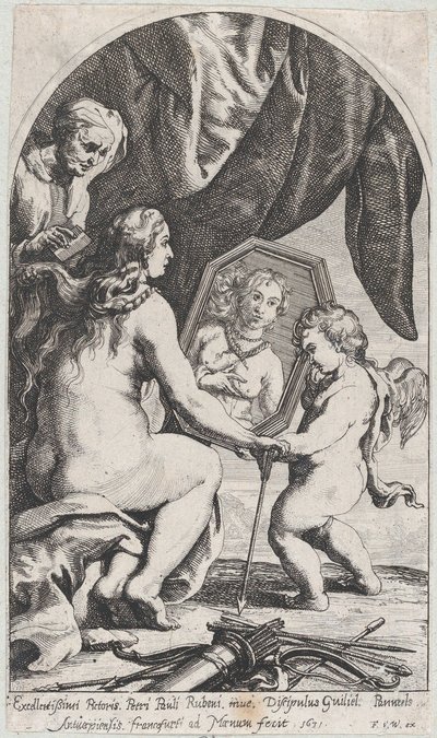 Venuše před zrcadlem, které drží Amor, zatímco její vlasy češe stará žena, 1631. od Willem Panneels