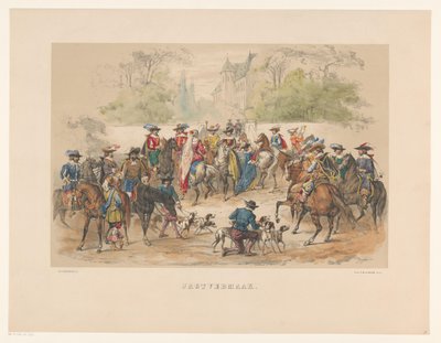 Sedmá skupina utrechtské maškarády v roce 1856 Lovecká zábava (název na objektu) Naše vlast asi v polovině 17. století, navržená H.H. studentů, členů Mutua Fides, na oslavu 220. výročí Utrechtsche Hoogeschool, 25. od Willem Pieter Hoevenaar