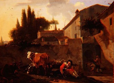 Pastýř a dobytek na dvoře italské farmy od Willem Romeyn