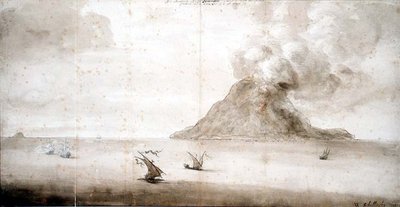 PD.703-1963 Pohled na Stromboli, c.1661-5 (křída, pero a inkoust, mytí) od Willem Schellinks