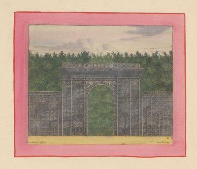 Rechteckiger Pavillon aus Lattenwerk mit Tor für eine Hecke in den Gärten von Versailles od Willem Swidde