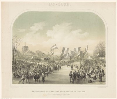 soutěž v bruslení Lední klub / Rychlobruslení mužů a žen konané v Leeuwardenu dne 22. února 1855 (název na předmětu) od Willem Troost (II)